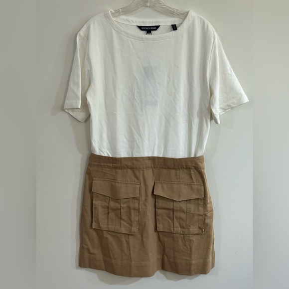 NWT Veronica Beard Women’s Medium Elowyn Mixed Media Dress Khaki White $398 MSRP - Picture 4 of 11